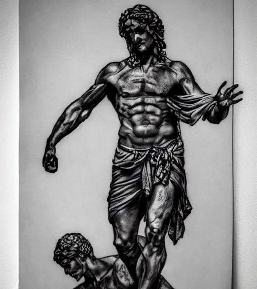 Image similar to tattoo design sketch of the statue of david broken in the middle, in the style of den yakovlev, realistic face, black and white, realism tattoo, hyper realistic, highly detailed