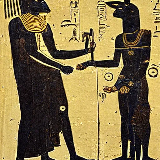 Image similar to the god anubis accompanying ramses the second to be judged before the god osiris
