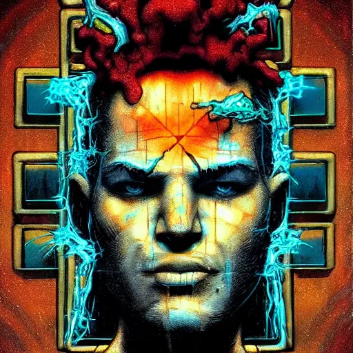 Prompt: razorpunk portrait of Dr. Manhattan disguised as the hexagonal hypercube portal jonas de ro jim mahfood luis royo maxfield parrish maximilian pirner wikiart wikipedia graffiti spraypaint unreal engine render artstation 4k