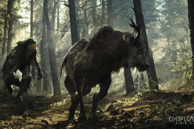 Image similar to vfx movie closeup detailed ancient warrior orc hunting elk in the forest, natural lighting by emmanuel lubezki