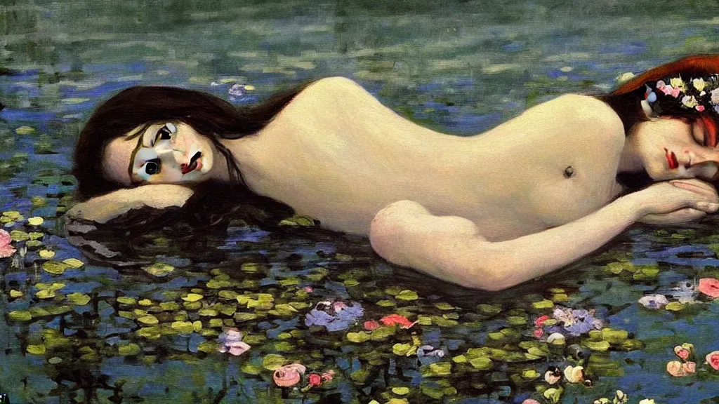 Image similar to prompt: one beautiful girl sleeping in the lake with shining face painted by Valentin Serov, detailed realistic face, Ophelia painting inspired, intricate detailed oil painting, alchemical artifacts and hieroglyphs, magical items, gnarly paint marks