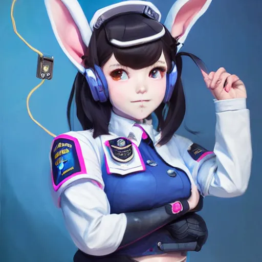 Image similar to Stunning Portrait of Bunny Ears D.VA from Overwatch wearing a police uniform by Kim Jung Gi, holding handcuffs in one hand Blizzard Concept Art Studio Ghibli. oil paint. 4k. by brom, Pixiv cute anime girl wearing police gear by Ross Tran, Greg Rutkowski, Mark Arian, soft render, octane, highly detailed painting, artstation