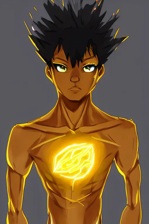 Image similar to golden glowing black male anime character, blonde hair, yellow eyes, symmetrical, highly detailed, digital art, sharp focus, trending on art station, crazy hair, electricity everywhere