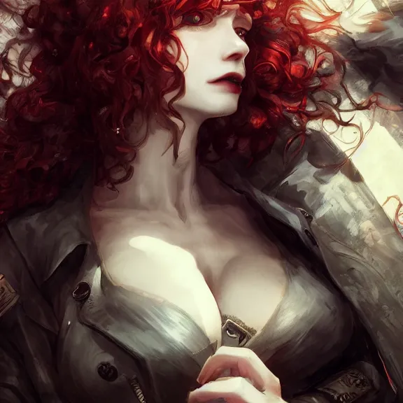 Image similar to christina hendricks!!! goth, tankoban, 4 k, tone mapping, akihiko yoshida, james jean andrei riabovitchev marc simonetti, yoshitaka amano, long hair, curly, h. hydrochaeri