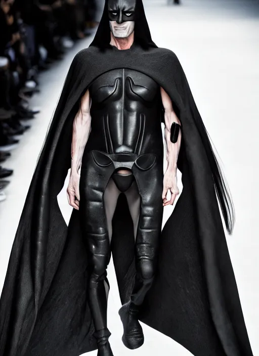 Prompt: hyperrealistic and heavy detailed rick owens avant garde runway show of batman, leica sl 2 5 0 mm, vivid color, high quality, high textured, real life