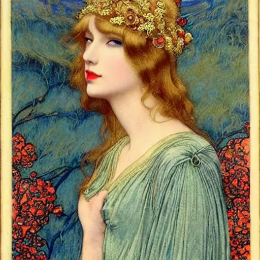 Prompt: taylor swift is a beautiful blonde young woman wearing an elaborate jeweled headdress with poppies dreamlike portrait by frank cadogan cowper, carlos schwabe, william morris, edmund dulac, and alphonse mucha, beautiful refined hyperdetailed dreamscape