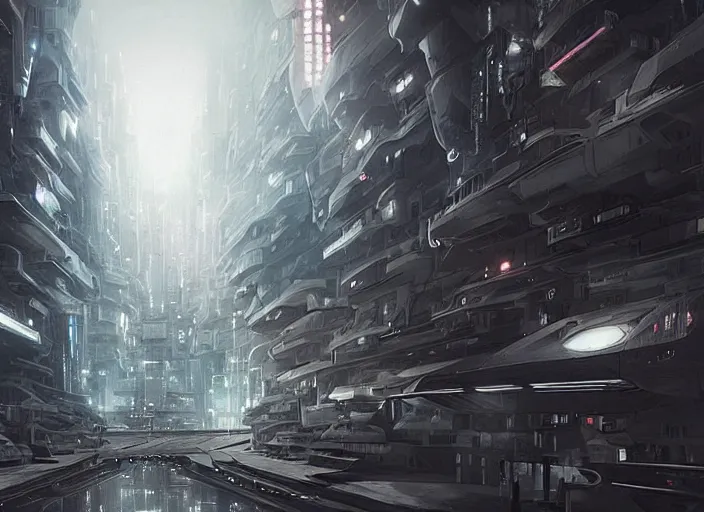 Prompt: futuristic city, scifi, futurism, technological singularity, amazing masterpiece, black and white, wonders of the mind, sustainability, scientific victory, artificial intelligence, art by wenjun lin and artem chebokha and alena aenami and ian llanas