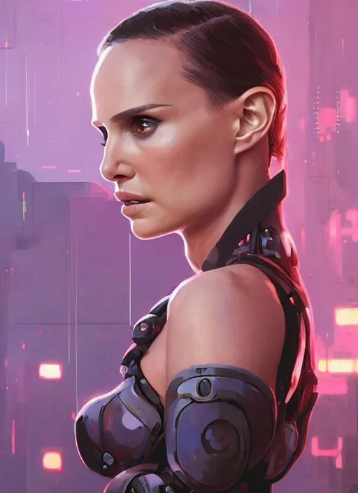 Image similar to a digital painting of Natalie Portman as a cyborg wearing a cyberpunk dress, by netter, style from greg rutkowski, beautiful eyes, full frame, oil painting, featured on artstation, concept art, smooth, sharp focus, illustration, very detailed, ambient lighting, unreal engine render, concept art by Atey Ghailan, by Loish, by Bryan Lee O'Malley