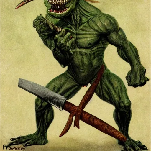 Image similar to dog - faced muscular goblin, ugly face, lizard tail, holding scimitar made of bone, scimitar, colorized, green skin, hyper - detailed, primeval fantasy, prehistoric fantasy, drawn by frank frazetta