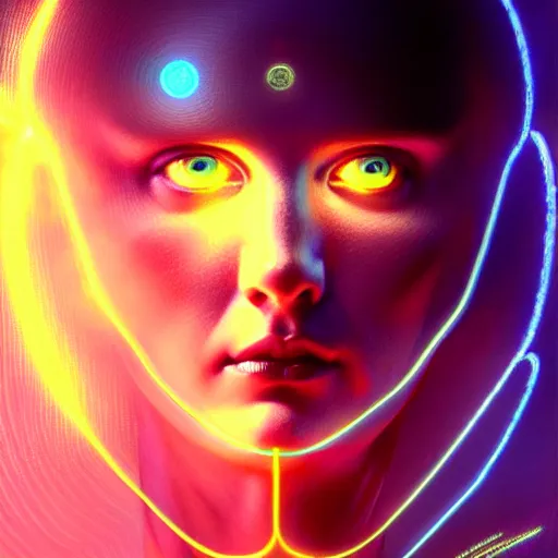 Image similar to tron angel, innocent illuminated face, psychedelic lsd, diffuse lighting, hyper realistic, elegant, intricate, hyper detailed, smooth, sharp focus, concept art, illustration, trending on artstation, art by john collier, artem demura, greg rutkowski, james gurney, and alphonse mucha