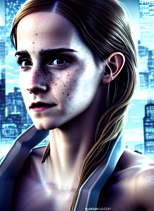 Image similar to 3 / 4 portrait, emma watson, crown, transparent skin, muscle, bones, veins, nerves, hyperrealism, detailed, photorealistic, cyberpunk apocalyptic city, futuristic, ultra realistic, cinematic, intricate, cinematic light, unreal engine 8 k, octane render, unreal engine by charlie bowater, david kostic, stanley lau, artgerm