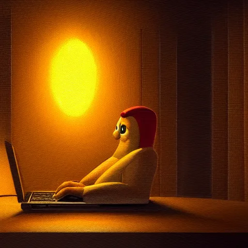 Prompt: anthropomorphic corn cob typing on his laptop in a dark room, face illuminated, hyperrealistic, artstation, 8 k, concept art, very detailed, hd, digital painting, dramatic lighting