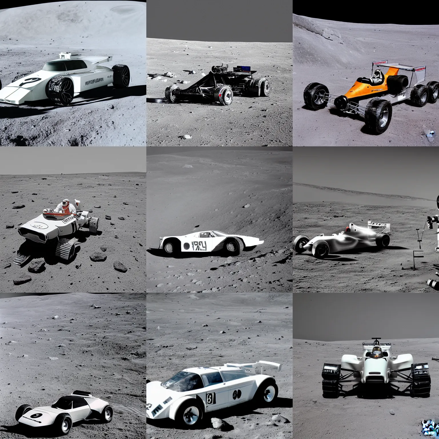 Prompt: a F1 sports car on the moon, photograph