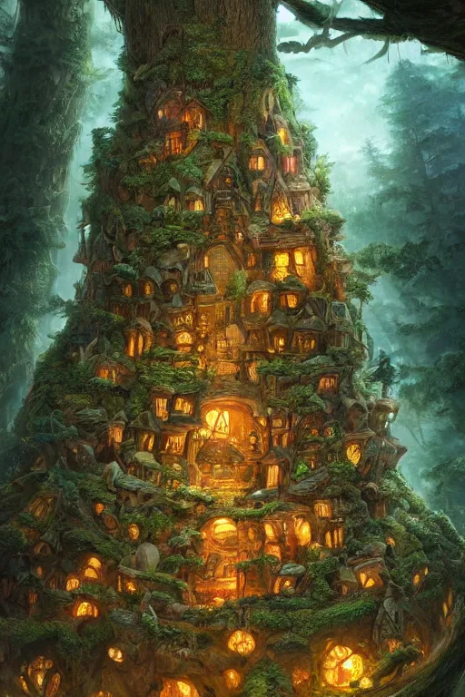 Image similar to a miniature city built into the trunk of a single colossal tree in the forest, with tiny people, in the style of justin gerard, lit windows, close - up, low angle, wide angle, awe - inspiring, highly detailed digital art