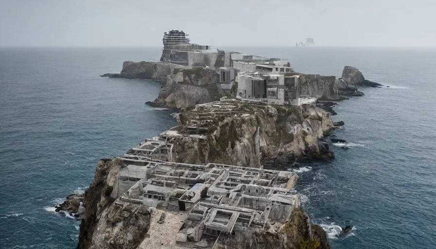 Image similar to coastal perched on a cliff overlooking a magnificient bay, imperial brutalist base, drawing architecture, ultra very long shot, top angle, imperial architecture in rogue one, pritzker architecture prize, brutalism architecture, jan urschel, greig fraser