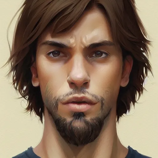 Prompt: young portrait, brown hair brown, mullet, goatee, olive skin, strong jaw, strong neck, tank top, art by studio ghibli and greg rutkowski and artgerm and ilya kuvshinov, portrait, d & d, fantasy, highly detailed, digital painting, headshot, trending on artstation, concept art, sharp focus, illustration