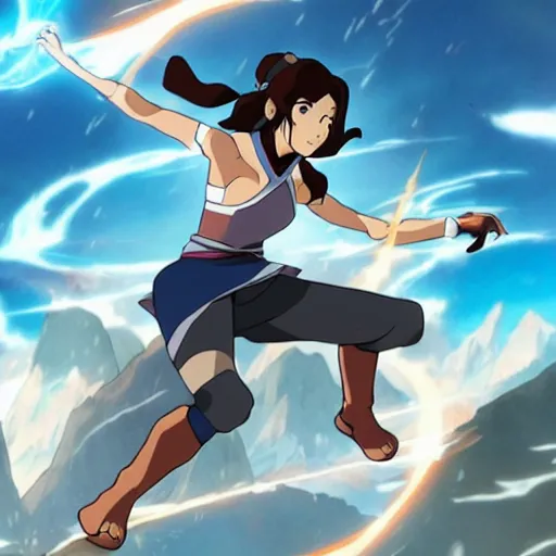 Image similar to the legend of korra, korra is jumping between mountains anime