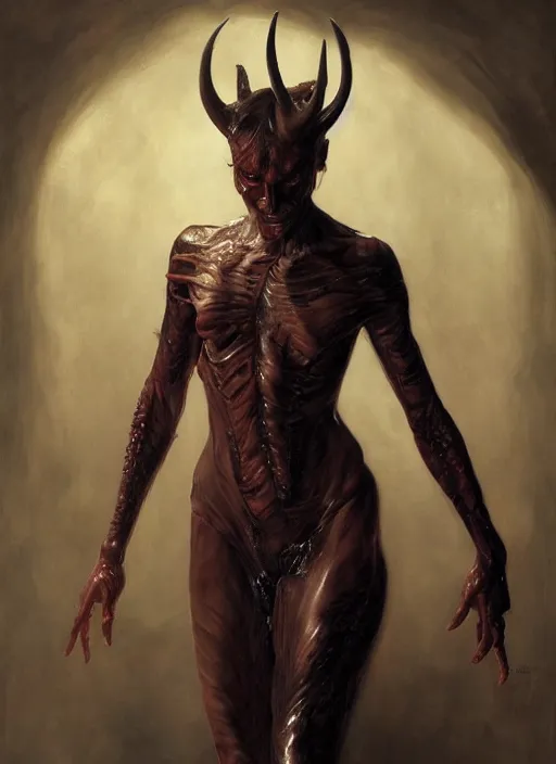 Prompt: half demon half human intricate skin latex, elegant, peaceful, full body, horns, hyper realistic, extremely detailed, dnd character art portrait, fantasy art, intricate fantasy painting, dramatic lighting, vivid colors, deviant art, artstation, by edgar maxence and caravaggio and michael whelan and delacroix.