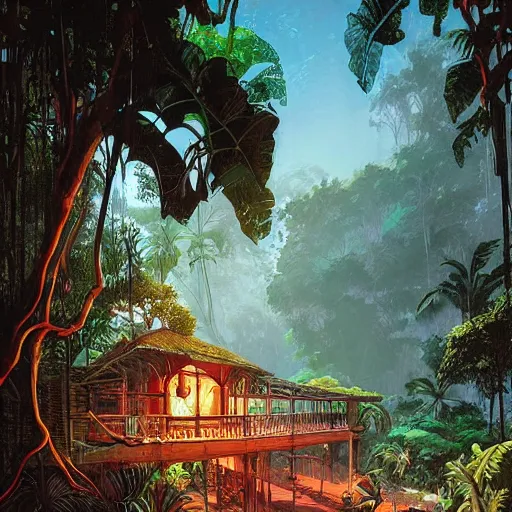 Image similar to jungle mansion by greg rutkowski. day beach by dan mumford.