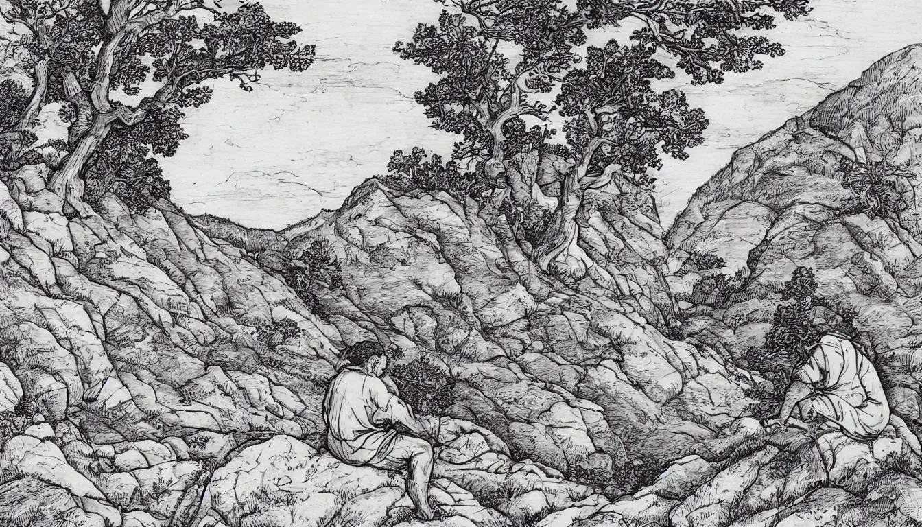 Prompt: a person sits on a mountain side while wind blows through the trees, pen and ink, 1 5 0 0 s, 8 k resolution