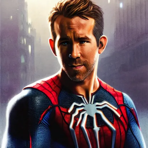 Image similar to ryan reynolds as spider - man, wearing a black and blue suit, cinematic, volumetric lighting, f 8 aperture, cinematic eastman 5 3 8 4 film, photorealistic by greg rutkowski, by stanley artgerm, by alphonse mucha