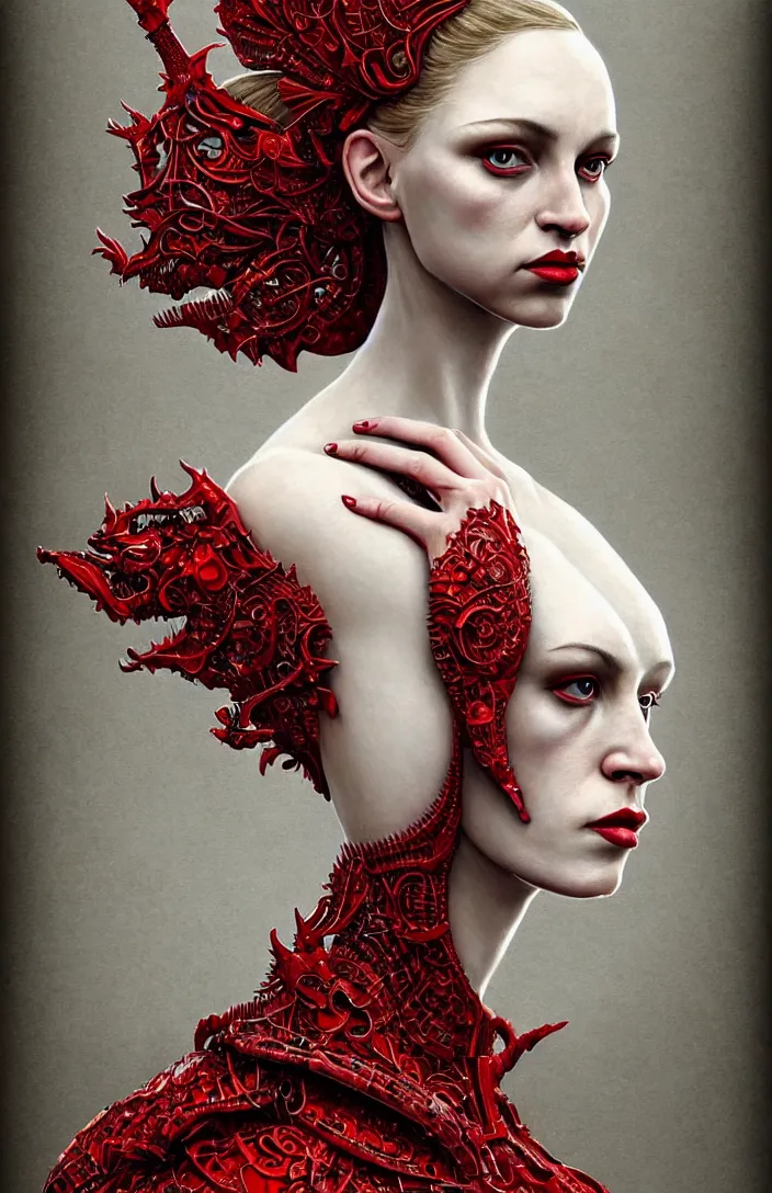 Image similar to epic professional portrait of gorgeous thin white woman, perfect face, armoured red dress, painted, intricate, detailed, by leesha hannigan, wayne haag, reyna rochin, ignacio fernandez rios, mark ryden, iris van herpen, artstation, cgsociety, epic, stunning, gorgeous, much wow.