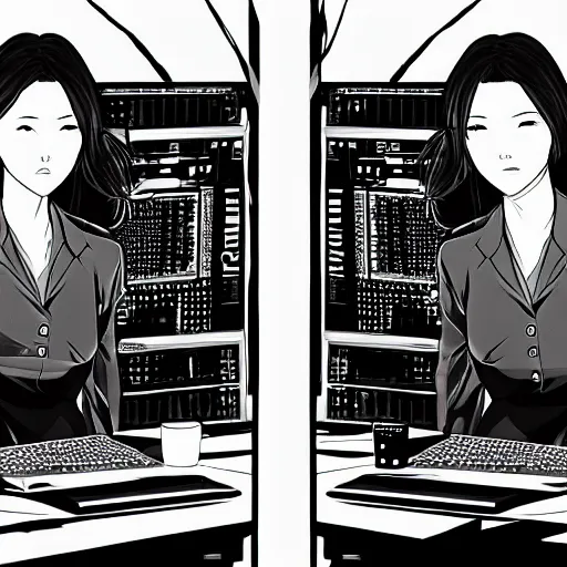 Prompt: beautiful twin sisters hacking into the mainframe of the pentagon, in the style of hiroya oku and riyoko ikeda, black and white, photorealistic, epic, super technical