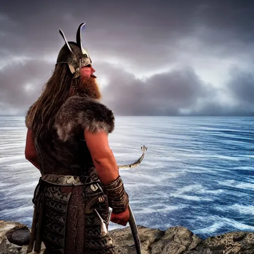 Image similar to a viking wearing a heavy metal and also make the face look good the viking is standing on a cliff the background is a huge sea interact with the lighting photo - realistic 4 k