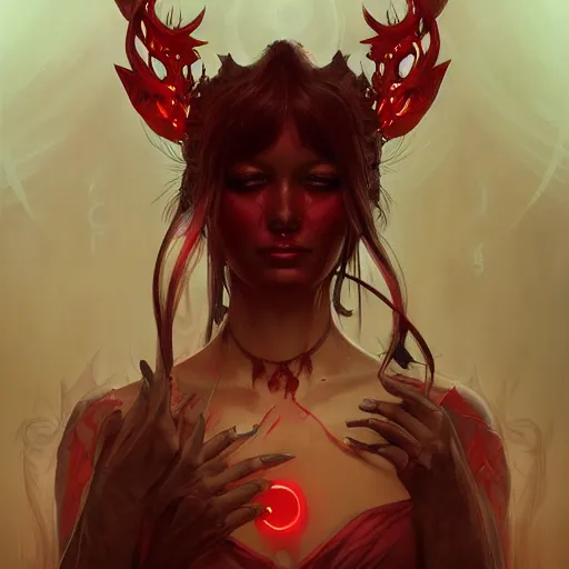 Prompt: Portrait of demon princess, D&D, red eyes, face, dark fantasy, intricate, elegant, highly detailed, digital painting, artstation, concept art, smooth, sharp focus, illustration, art by artgerm and greg rutkowski and alphonse mucha