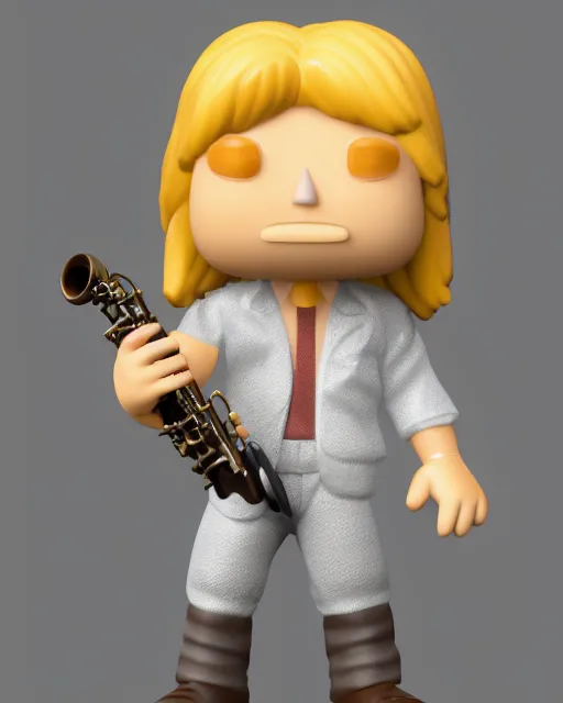 Image similar to full body 3d render of blond hippie man playing sax as a funko pop!, studio lighting, grey background, single body, no shadow, blender, trending on artstation, 8k, highly detailed