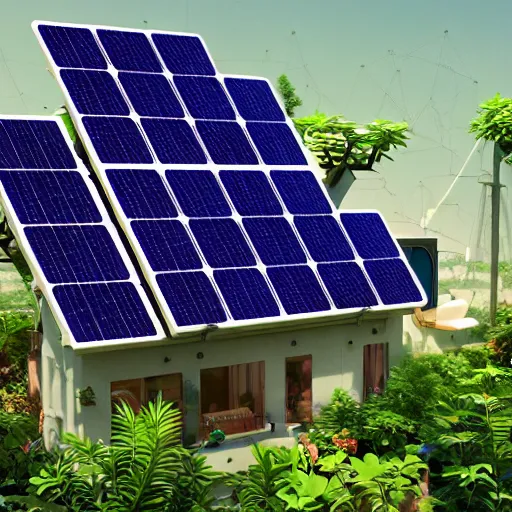 Image similar to solarpunk home, made from pearl material. Plants growing on the roof, solar panels, 4k, realistic, art station