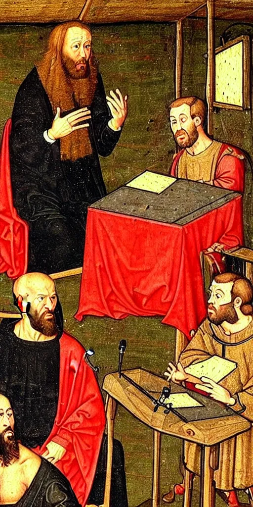 Image similar to a medieval painting of joe rogan podcasting, hosting Charle Magne as a podcast guess