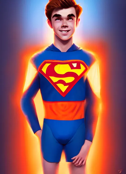 Image similar to friendly teenage archie andrews wearing an orange superhero costume with heart logo, heart, freckles, blue cape, heart emblem on chest, blue cape, intricate, elegant, glowing lights, highly detailed, digital painting, artstation, sharp focus, illustration, art by wlop, mars ravelo and greg rutkowski