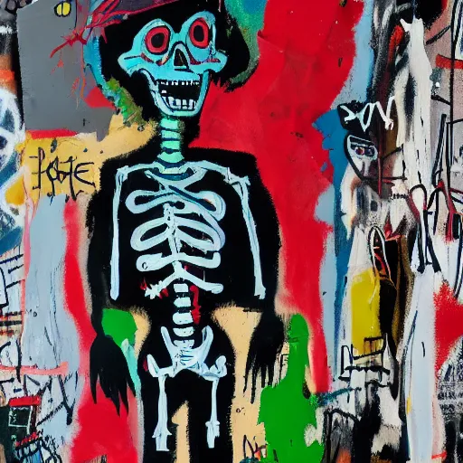 Prompt: Gritty splattered punk painting of the anatomy of a mad scientist & skeleton, painted by Basquiat. Dark background. Black background. award winning painting. Trending on artstation and behance.