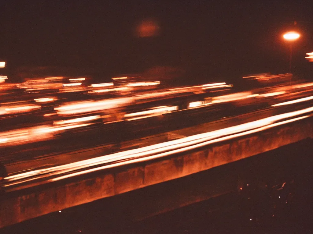 Prompt: 8 0 s movie still, train passing by at night while bright city is in the background, 3 5 mm film photography, 8 k resolution, arri 3 5 mm cinema, hyperrealistic, photorealistic, high definition, highly detailed, tehnicolor, anamorphic lens, award - winning photography, masterpiece