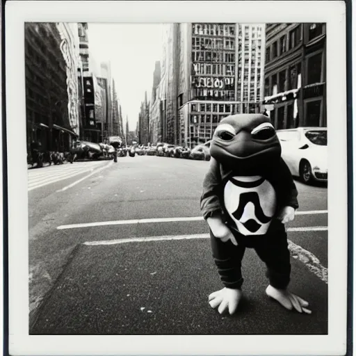 Prompt: Beautiful Portrait Photograph polaroid of a ninja turtle in the middle of a New York street, black and white
