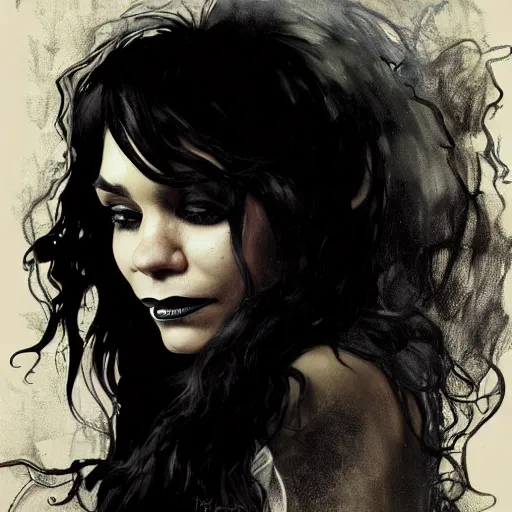 Image similar to beautiful portrait of vanessa hudgens as death from sandman, smiling, by cedric peyravernay, alphonse mucha, by jeremy mann, by lecouffe deharme, goth chic, soft lightning, eyeliner, punk rock, high detailed, 8 k