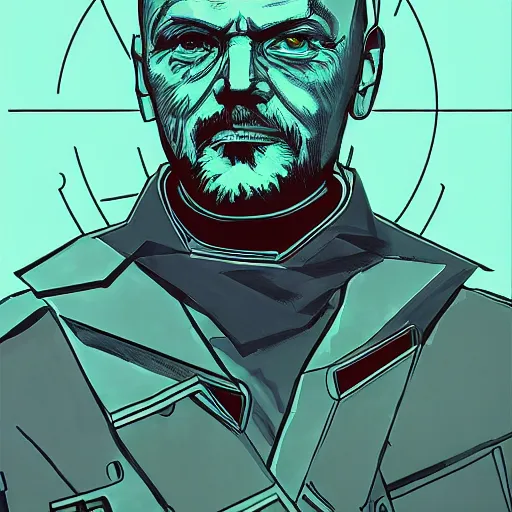 Image similar to cyberpunk vladimir lenin as the leader of a futuristic communist society, cybernetics, sharp lines, digital, artstation, colored in