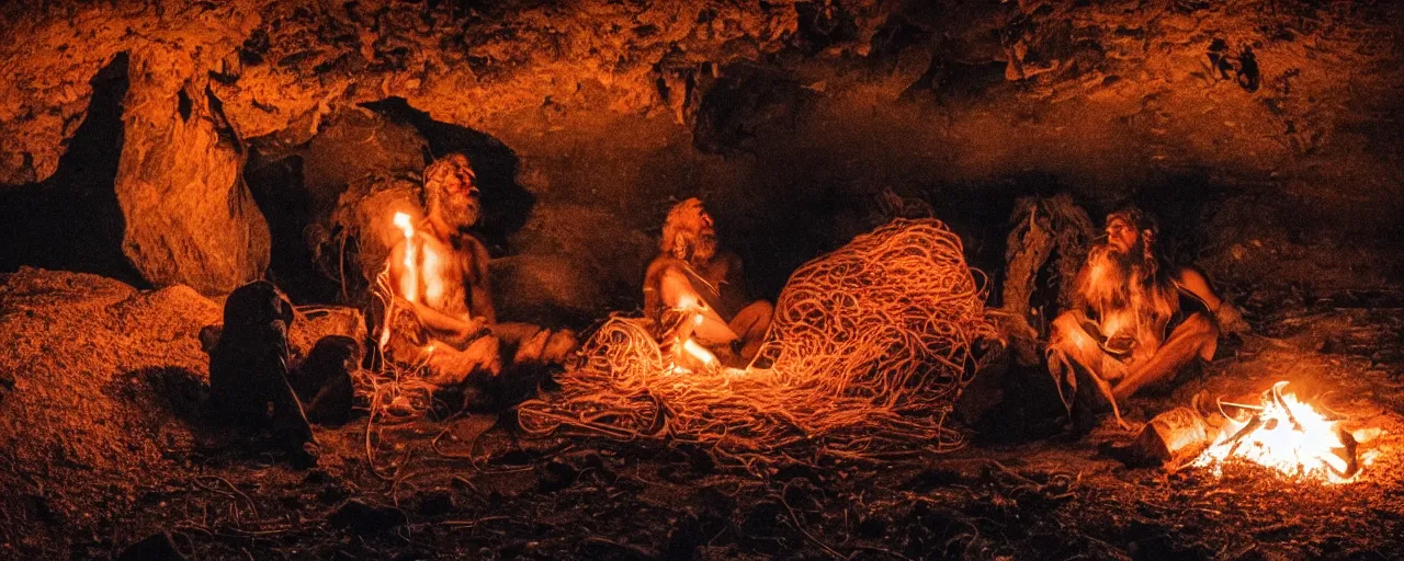 Image similar to caveman sitting alone next to a fire and a giant mound of spaghetti in a cave at night, canon 5 0 mm, super detailed face, facial expression, cinematic lighting, photography, retro, film, kodachrome