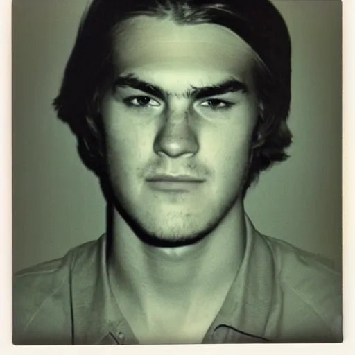 Prompt: Mugshot Portrait of Maxmoefoe taken in the 1970s, photo taken on a 1970s polaroid camera, grainy, real life, hyperrealistic, ultra realistic, realistic, highly detailed, epic, HD quality, 8k resolution, body and headshot, film still, front facing, front view, headshot and bodyshot, detailed face, very detailed face
