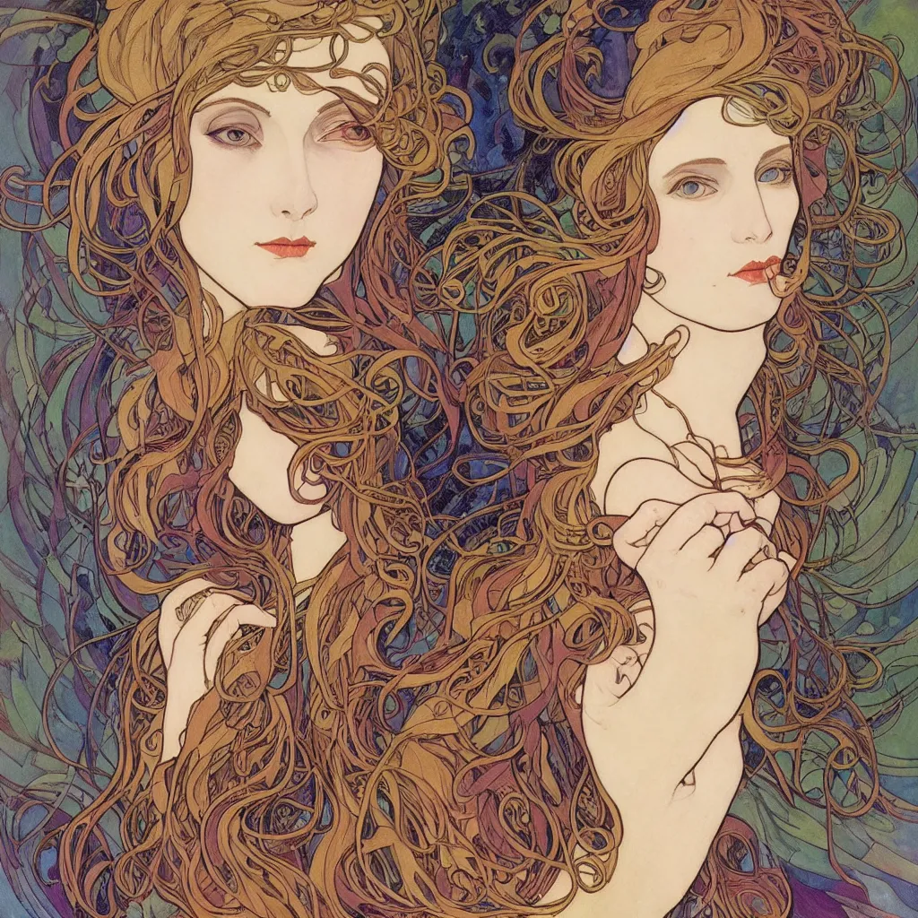 Image similar to The Goddess of Art, beautiful eyes, symmetrical face, paint, ink, palettes, spectrum, in the style of Joshua Middleton, Mucha, Kandinsky