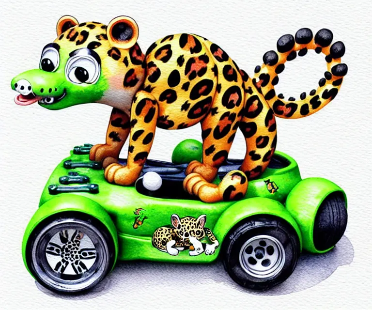 Image similar to cute and funny, baby leopard riding in a tiny go kart with oversized engine, ratfink style by ed roth, centered award winning watercolor pen illustration, isometric illustration by chihiro iwasaki, edited by range murata, tiny details by artgerm and watercolor girl, symmetrically isometrically centered