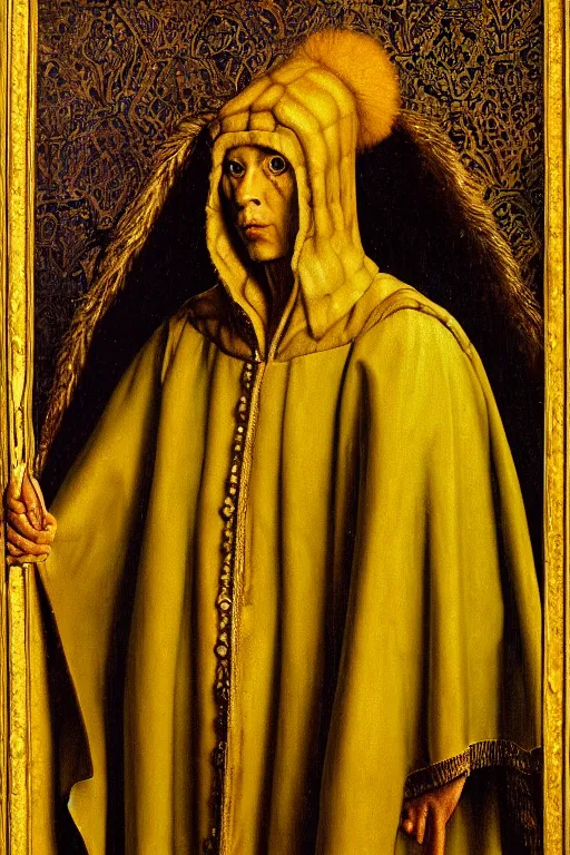 Image similar to portrait of hastur king in yellow, oil painting by jan van eyck, northern renaissance art, oil on canvas, wet - on - wet technique, realistic, expressive emotions, intricate textures, illusionistic detail