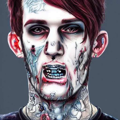 Image similar to Portrait of Lil Peep as a zombie, artstation, digital art, high quality, hyperrealistic, detalied,8k,