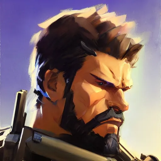 Prompt: greg manchess portrait painting of solid snake as overwatch character, medium shot, asymmetrical, profile picture, organic painting, sunny day, matte painting, bold shapes, hard edges, street art, trending on artstation, by huang guangjian and gil elvgren and sachin teng