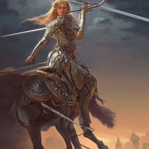 Image similar to Portrait of a beautiful female knight wielding a claymore, D&D, fantasy, intricate, elegant, highly detailed, digital painting, artstation, character concept art, character design, smooth, sharp focus, illustration, art by artgerm and greg rutkowski and alphonse mucha