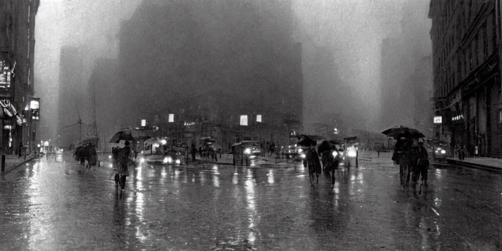 Prompt: Leica photography of New York City in the rain, Summer evening, in 1920