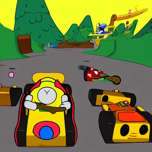 Image similar to adventure time Finn & Jake riding Mario karts level, cartoon video game graphics