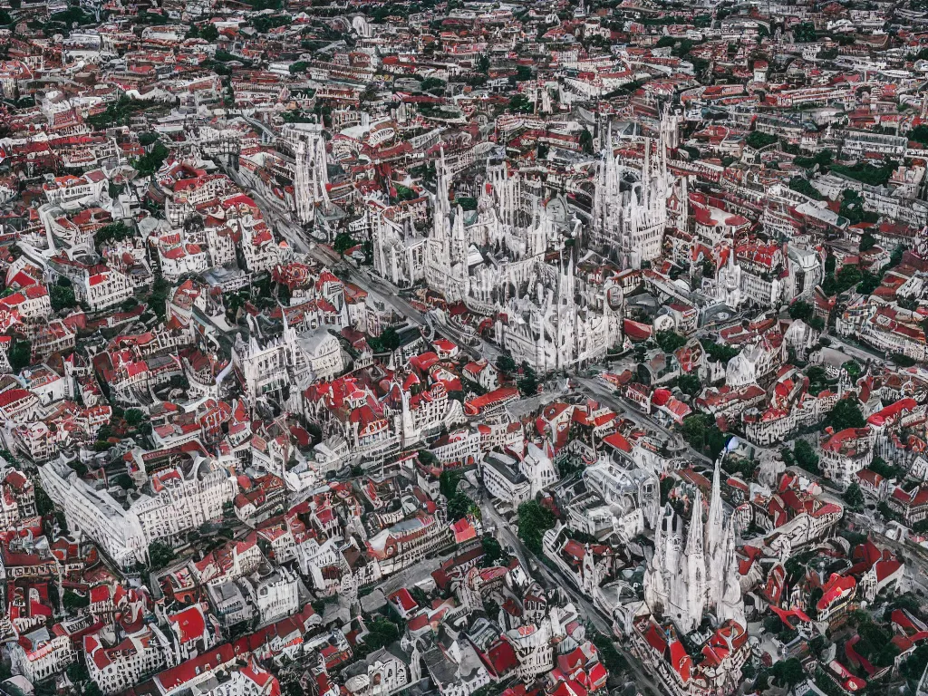 Prompt: an alien city with victorian and gothic - inspired architecture, white with red accents, 4 k photograph