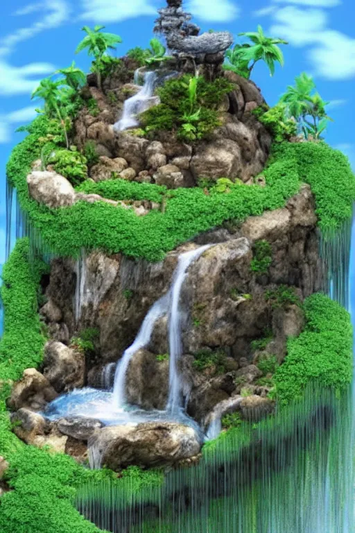 Image similar to A floating island with a waterfall